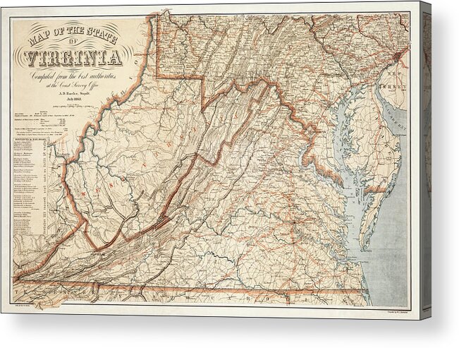 Virginia Acrylic Print featuring the photograph State of Virginia Vintage Map 1863 by Carol Japp