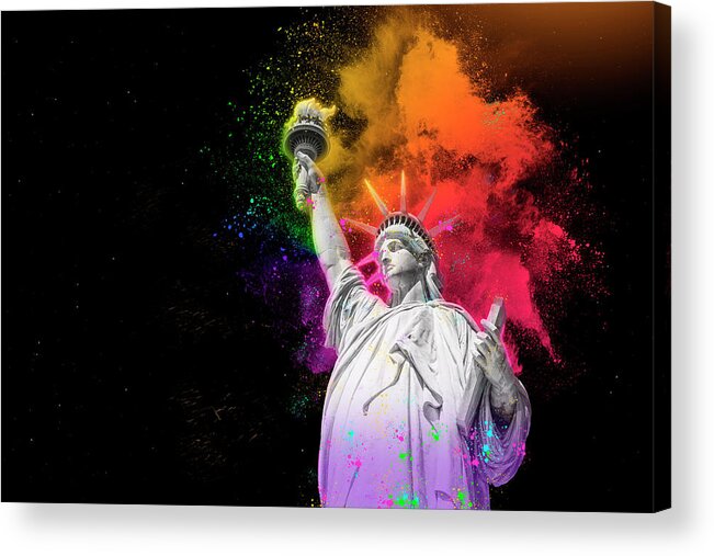 Statue Of Liberty Acrylic Print featuring the digital art Statue of Liberty with colorful rainbow holi paint powder explosion isolated on black background by Maria Kray