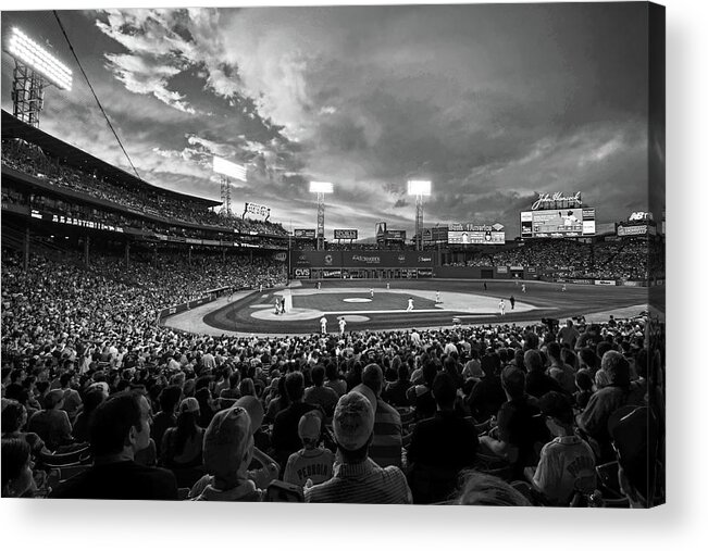 Boston Acrylic Print featuring the photograph Storm clouds over Fenway Park Boston MA Black and White by Toby McGuire
