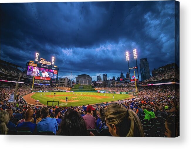 Comerica Park Acrylic Print featuring the photograph Stormy night at Comerica Park by Jay Smith