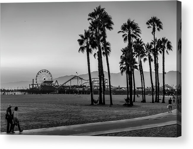 Santa Monica Pier Acrylic Print featuring the photograph Sundown At The Pier - Black And White by Gene Parks