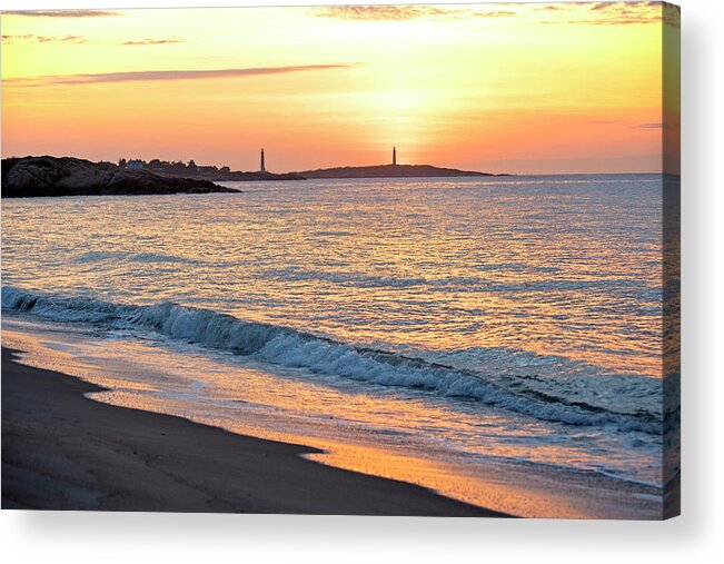 Gloucester Acrylic Print featuring the photograph Sunrise over Thacher Island from Long Beach in Rockport MA Golden Sunrise Wave by Toby McGuire