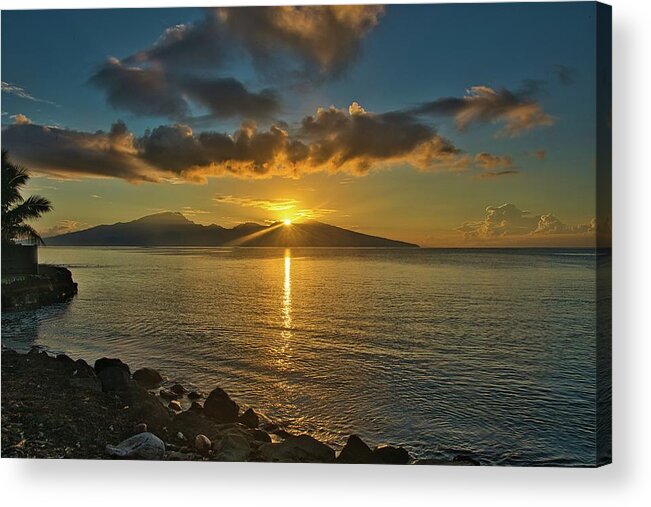 Tahitian Sunrise Acrylic Print featuring the photograph Sunrise Sun Star Over Tahiti Island by Heidi Fickinger