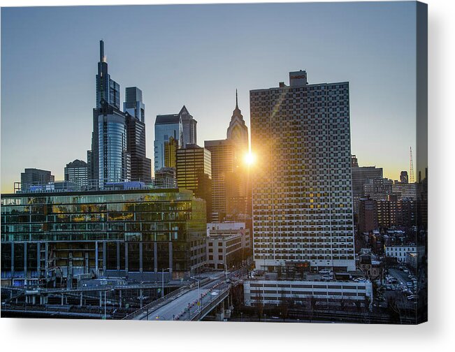 Sunrise Acrylic Print featuring the photograph Sunrise Through the Skyscrapers - Philadephia by Bill Cannon