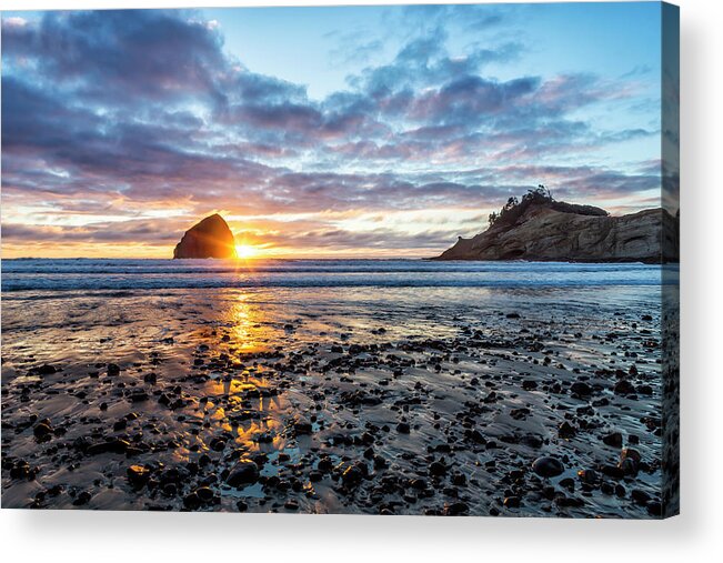 Sunset Acrylic Print featuring the photograph Sunset at Haystack Rock, Cape, Kiwanda, Pacific City, Oregon by Belinda Greb