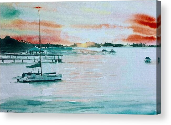 Boats Acrylic Print featuring the painting Sunset Bay by Sandie Croft