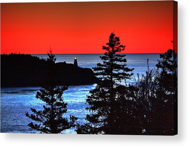 Sunset Board Head Gulls Seas Gulls Perching Scavengers Sunsets Petit Passage Boast Boats At Nigh Ferry Car Ferry Passing Sea Water Fishing Fishing Boats Birds Nova Scotia Ocean Sunsets Sunrise Red Skies Red Sky At Night Lighthouses Cliffs Rocks Trees Conifers Acrylic Print featuring the photograph Sunset Board Head by David Matthews