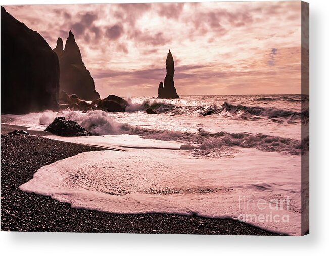 Reynisfjara Acrylic Print featuring the photograph Sunset on the Reynisfjara black sand beach, Iceland by Lyl Dil Creations