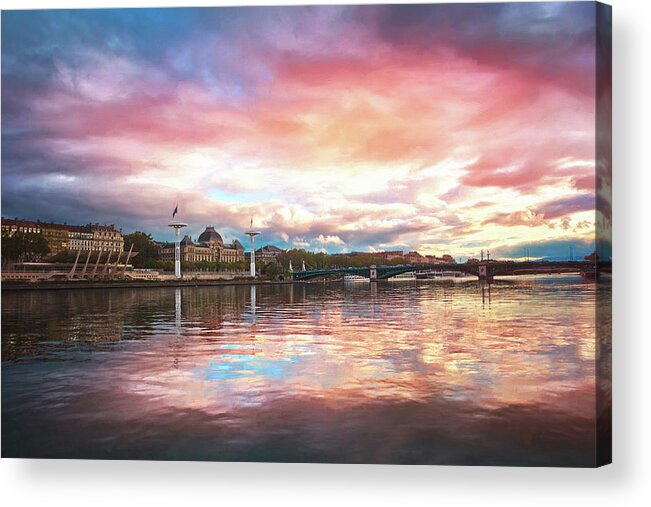 Lyon Acrylic Print featuring the photograph Sunset on the Rhone River Lyon France by Carol Japp