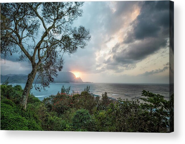Hanalei Bay Acrylic Print featuring the photograph Sunset Over Hanalei Bay from St Regis by Belinda Greb