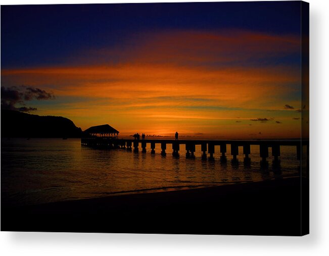 Hanalei Pier Acrylic Print featuring the photograph Sunset Over Hanalei Pier by Stephen Vecchiotti