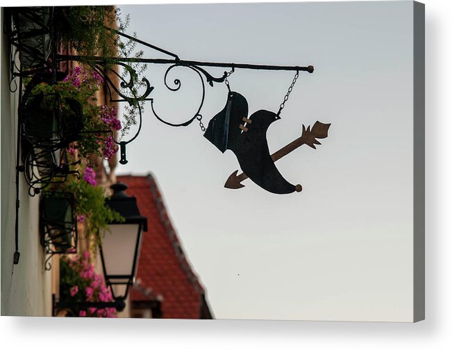  Acrylic Print featuring the photograph Sunset Walks In Durnstein. Forged Sign with Shoe by Jenny Rainbow