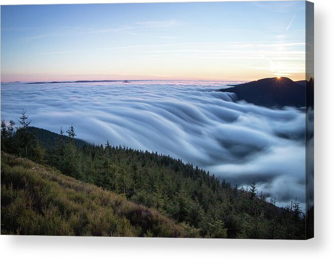 Courage Acrylic Print featuring the photograph Sunset with floating blue waves of clouds by Vaclav Sonnek