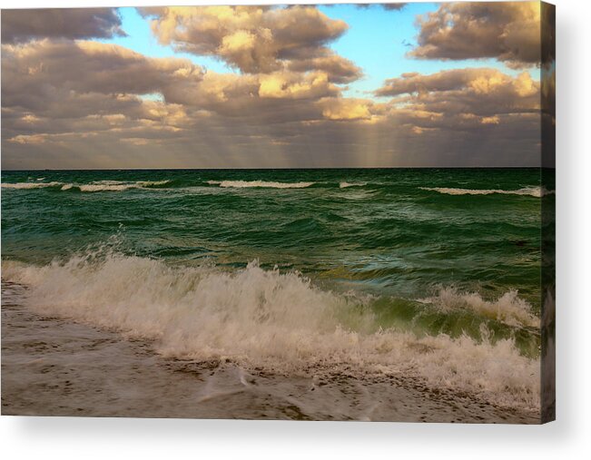 Miami Beach Acrylic Print featuring the photograph Surf, Sunrays and Clouds by Deb Beausoleil