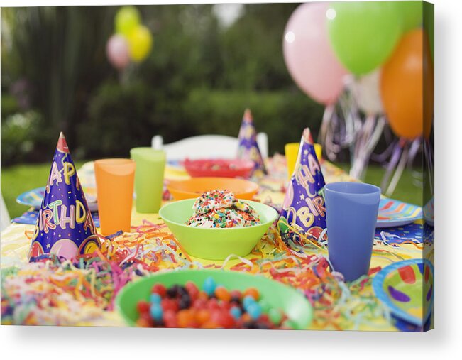 Streamer Acrylic Print featuring the photograph Table decorated for birthday party by Jupiterimages