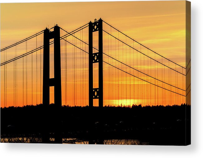 Tacoma Acrylic Print featuring the photograph Tacoma Narrows Bridges Fiery Sunset by Rob Green