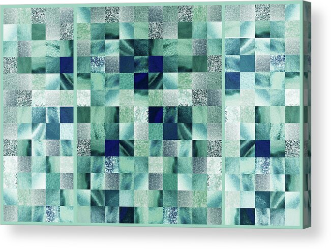 Quilt Acrylic Print featuring the painting Teal Gray Green Gray Watercolor Squares Art Mosaic Quilt by Irina Sztukowski