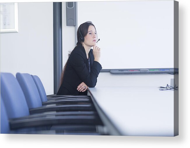 Working Acrylic Print featuring the photograph Telephonist contemplating in meeting room by Sigrid Gombert