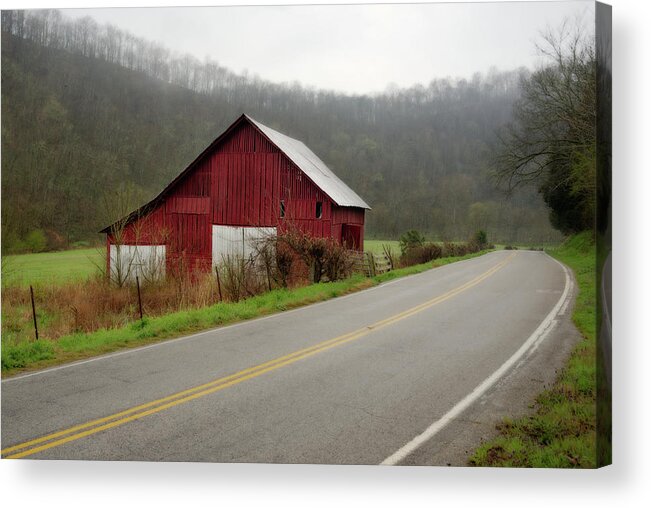 Tennessee Acrylic Print featuring the photograph Tennessee Road Trip - foggy morning with roadside barn by Peter Herman