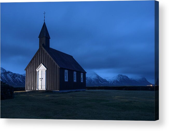  Acrylic Print featuring the photograph The Black Church of Iceland at Night by Dubi Roman