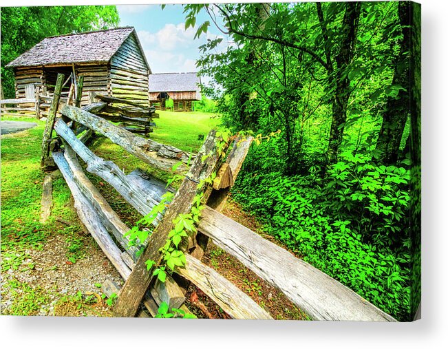 Barns Acrylic Print featuring the photograph The Cabins and Cantilever Barn at Cades Cove Townsend Tennessee by Debra and Dave Vanderlaan