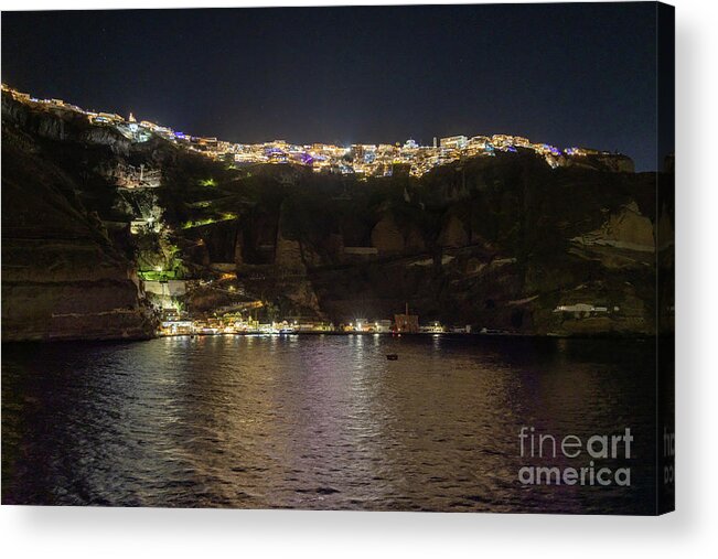 Night Acrylic Print featuring the photograph the city of Fira, Santorini, Greece at night l6 by Ohad Shahar