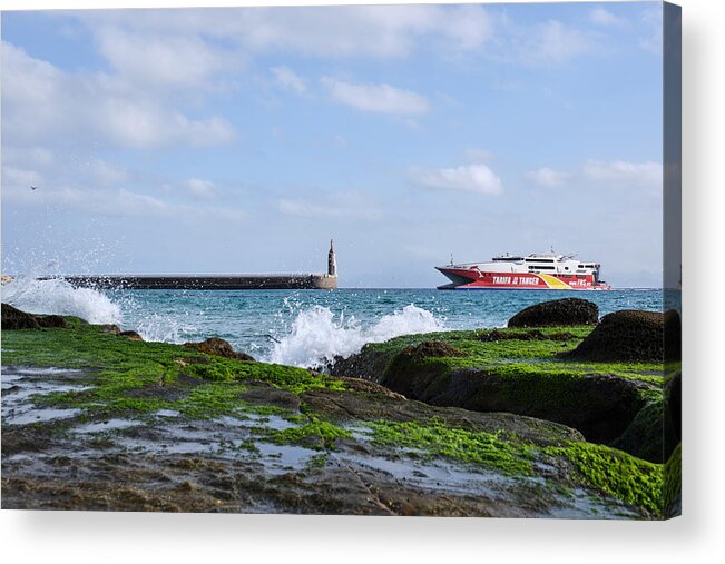 Tangier Acrylic Print featuring the photograph The fast ferry ship between Tarifa and Tanger Morocco by Finn Bjurvoll Hansen