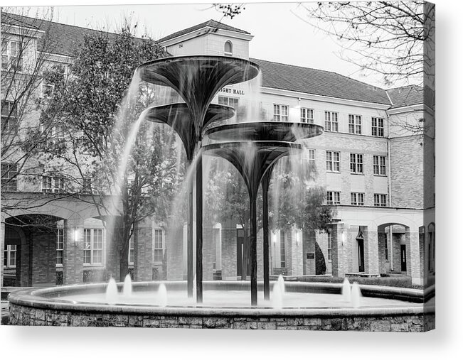 Tcu Acrylic Print featuring the photograph The Horned Frog Fountain At TCU - Black and White by Gregory Ballos