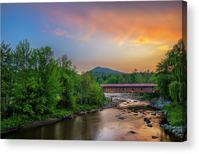 Sunset Acrylic Print featuring the photograph The Jay Covered Bridge At Sunset Adirondacks by Mark Papke