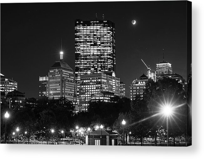 Boston Acrylic Print featuring the photograph The moon rising over Back Bay and the Boston Common Boston Massachusettes Black and White by Toby McGuire