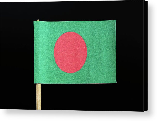  Bangladesh Acrylic Print featuring the photograph The national flag of Bangladesh on toothpick on black background. A red disc on a green field by Vaclav Sonnek