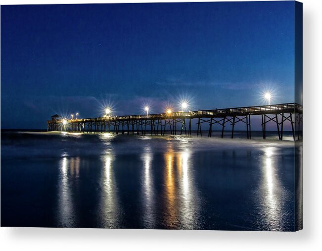 Fishing Pier At Night Acrylic Print featuring the photograph The Oceanana Fishing Pier at Night by Bob Decker