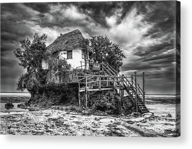 Bungalow Acrylic Print featuring the photograph The Rock, Zanzibar black and white by Lyl Dil Creations