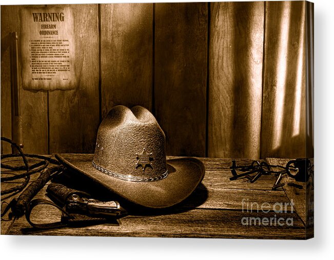 Antique Acrylic Print featuring the photograph The Sheriff Office - Sepia by Olivier Le Queinec