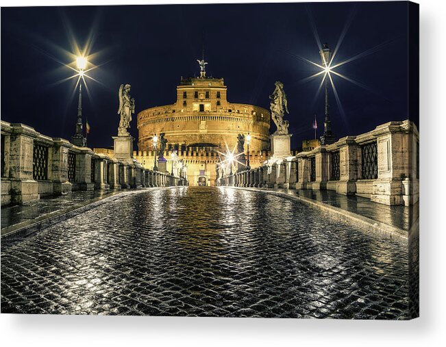Castel Sant'angelo Acrylic Print featuring the photograph Theatrical Lights on Ponte Sant'Angelo by Benoit Bruchez