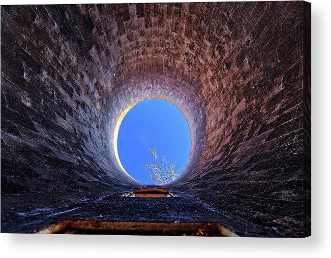 Silo Acrylic Print featuring the photograph Things are Looking Up - view up through an old silo at abandoned farm site by Peter Herman