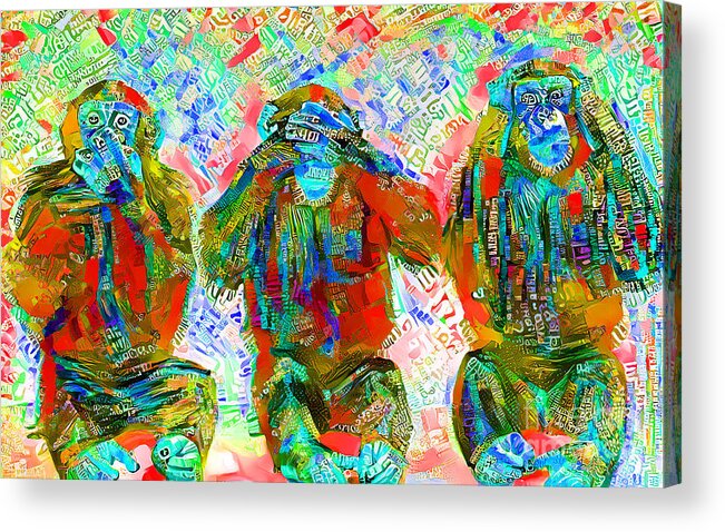 Wingsdomain Acrylic Print featuring the photograph Three Wise Monkeys See No Evil In Whimsical Vibrant Modern Contemporary Urban Style 20210710 v2 by Wingsdomain Art and Photography
