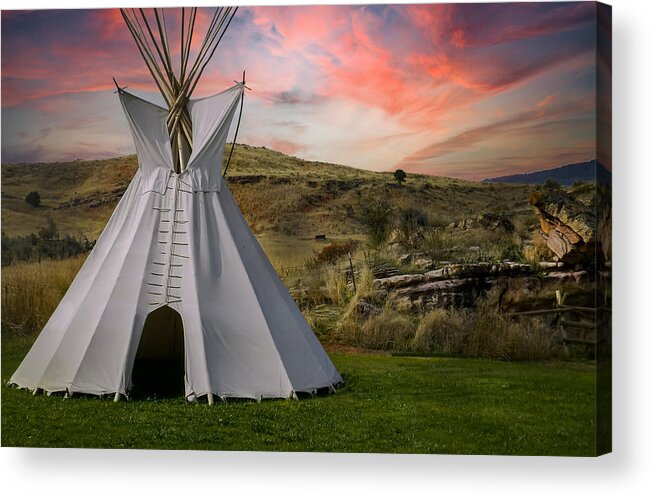 Native Temporary Housing Acrylic Print featuring the photograph Tipi at Sunset by Laura Putman