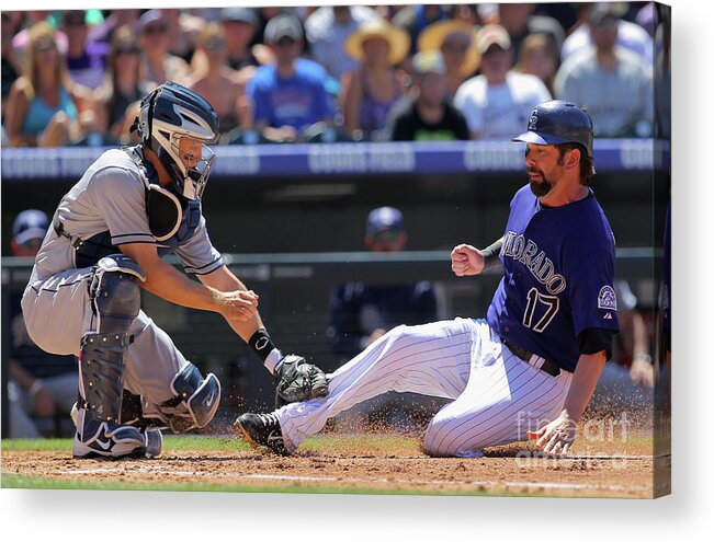 Second Inning Acrylic Print featuring the photograph Todd Helton, Nick Hundley, and Jonathan Herrera by Doug Pensinger