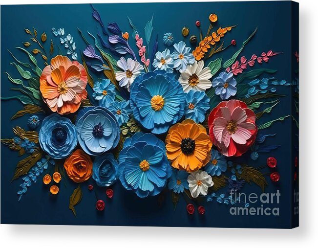 Portrait Acrylic Print featuring the painting Top View, 3D Wallpaper Blue Flowers and Colorful Flowers Oil Pai by N Akkash