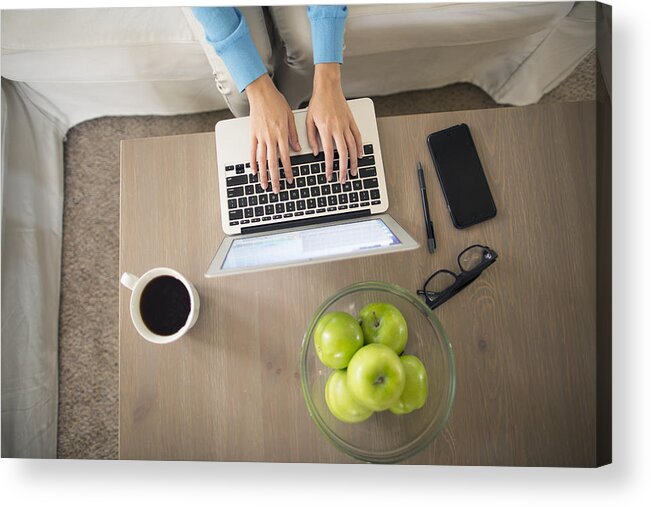 Working Acrylic Print featuring the photograph Top view of woman working on a lap top by Eternity in an Instant