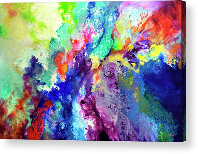 Fluid Paint Acrylic Print featuring the painting Touch Me Here by Sally Trace