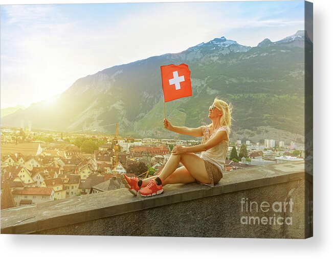 Switzerland Acrylic Print featuring the photograph tourist woman by Chur sunset skyline by Benny Marty