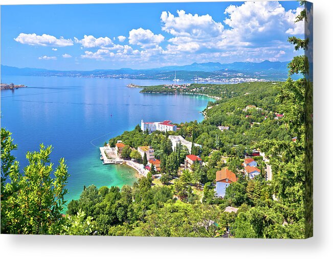 Omisalj Acrylic Print featuring the photograph Town of Omisalj beach and coastline on Krk island aerial view by Brch Photography