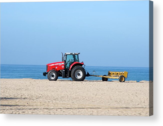 Beach Acrylic Print featuring the photograph Tractor Cleaning the Sand on the Beach by Mark Stout