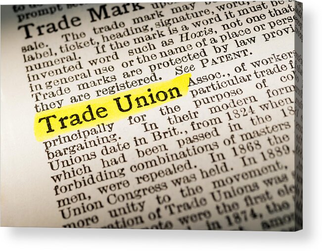 Close-up Acrylic Print featuring the photograph Trade Union - dictionary definition highlighted by Stockcam