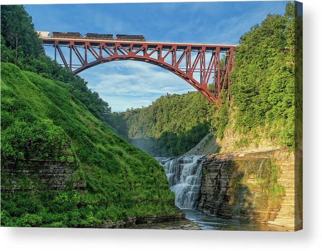 Letchworth Acrylic Print featuring the photograph Train Crossing The Arch Bridge At Letchworth State Park by Jim Vallee