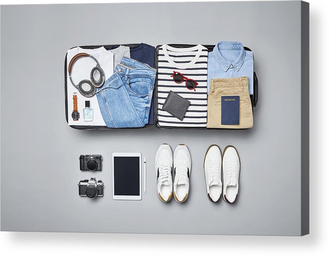 Menswear Acrylic Print featuring the photograph Traveler's accessories and clothes by Morsa Images