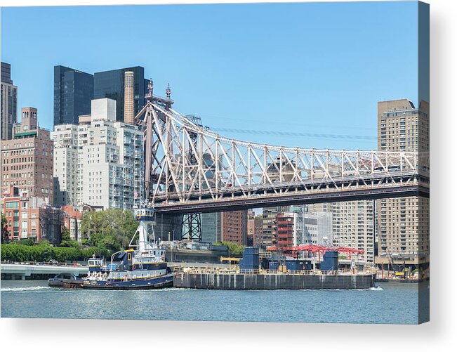East River Acrylic Print featuring the photograph Tug and Barge Under Bridge by Cate Franklyn