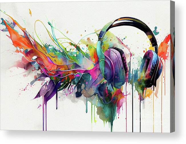 Watercolor Painting Of Headphones Acrylic Print featuring the painting Tunes by Mindy Sommers